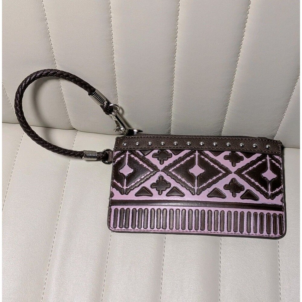 Montana West Wristlet Western Tooled Studded Leather Brown Pink